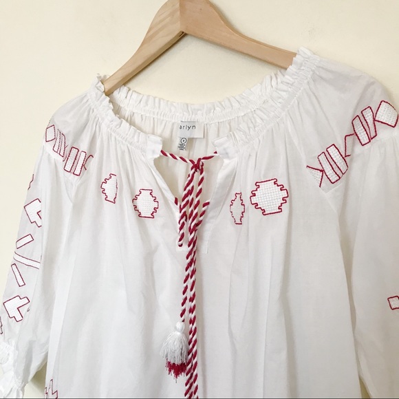 Harlyn Anthro Farina Embroidered Flowy Cotton Boho peasant tassel blouse topS - Picture 4 of 13